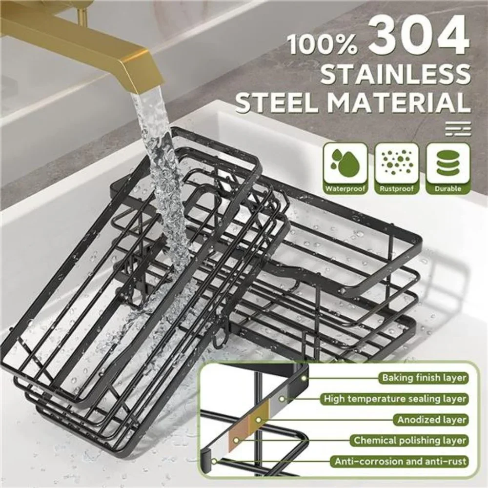 Shower Caddy Adhesive Shower Organizer with 5 Hooks, 2 Pack No Drilling -Black